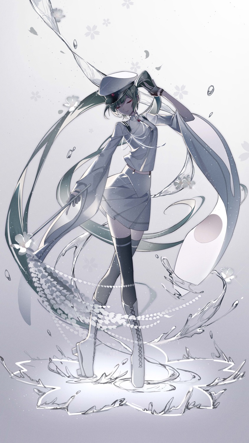 hatsune_miku, kazenemuri, skirt_lift, thighhighs, uniform, vocaloid, weapon
