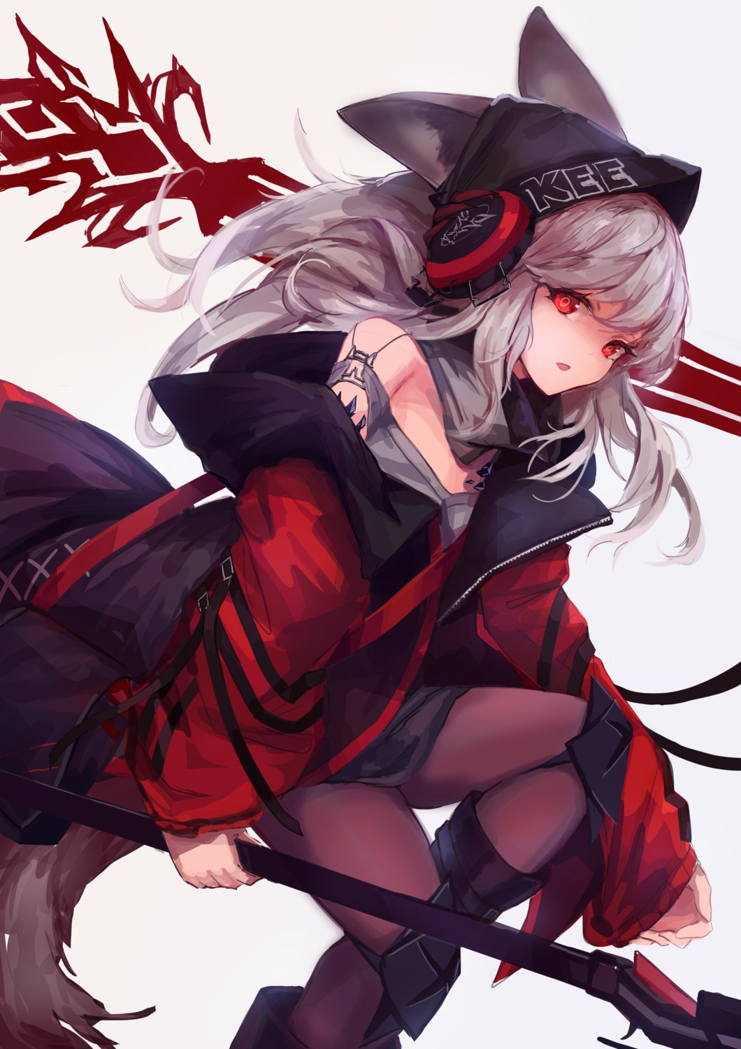animal_ears, arknights, frostleaf_(arknights), headphones, pantyhose, skirt_lift, tail, trrcmb
