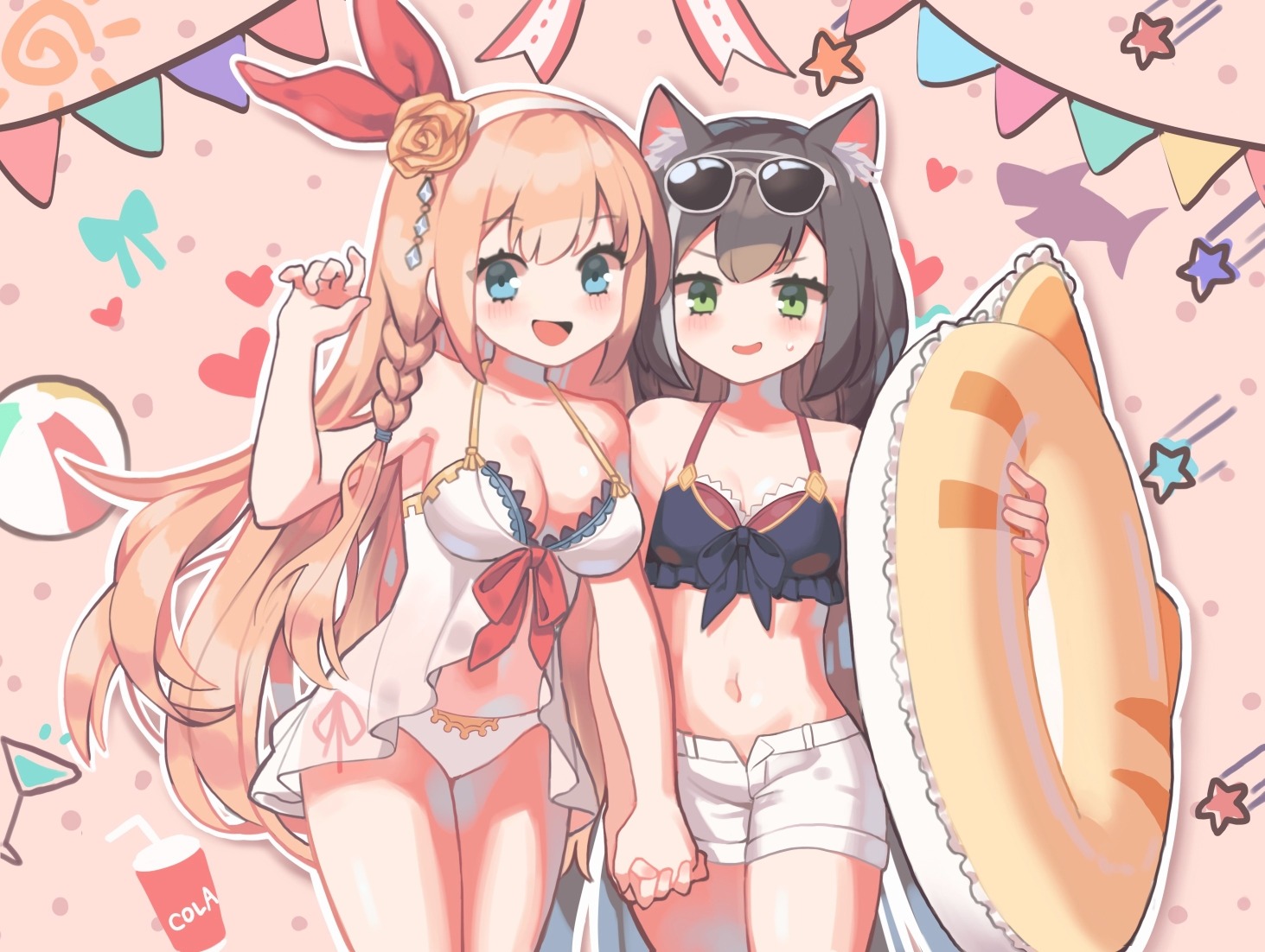 animal_ears, bikini, bikini_top, cleavage, karyl_(princess_connect), megane, nekomimi, pecorine, princess_connect!, princess_connect!_re:dive, see_through, swimsuits, yareen, yuri