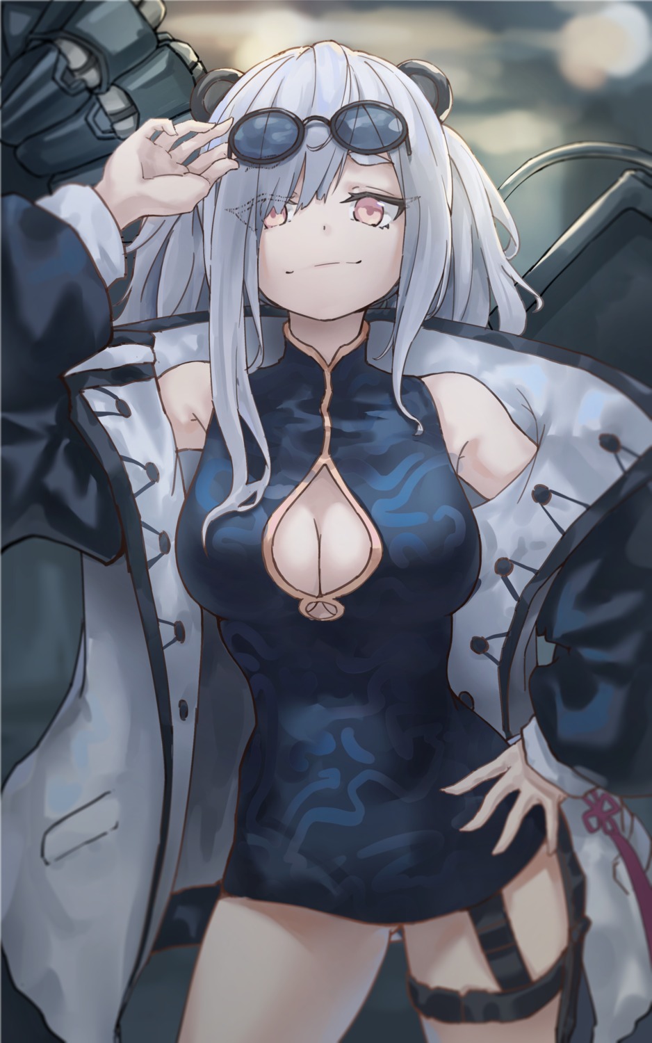 animal_ears, arknights, asian_clothes, cleavage, feater_(arknights), garter, ildy, megane