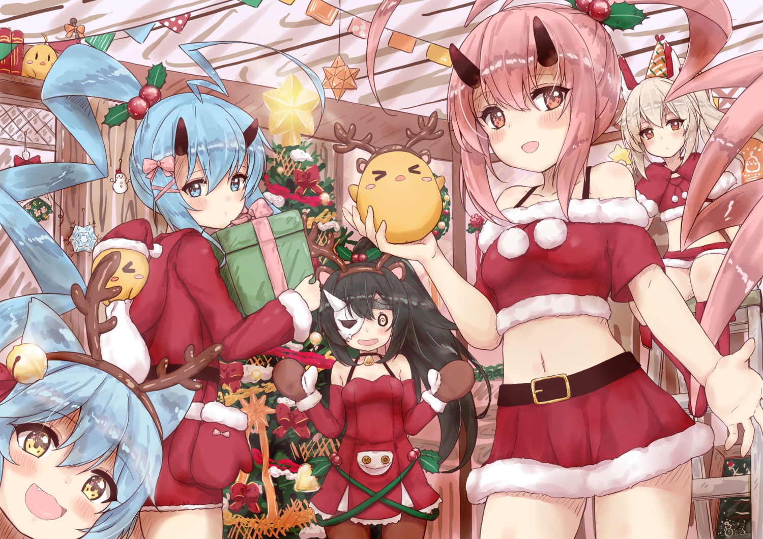 akatsuki_(azur_lane), animal_ears, ayanami_(azur_lane), azur_lane, christmas, dress, fubuki_(azur_lane), horns