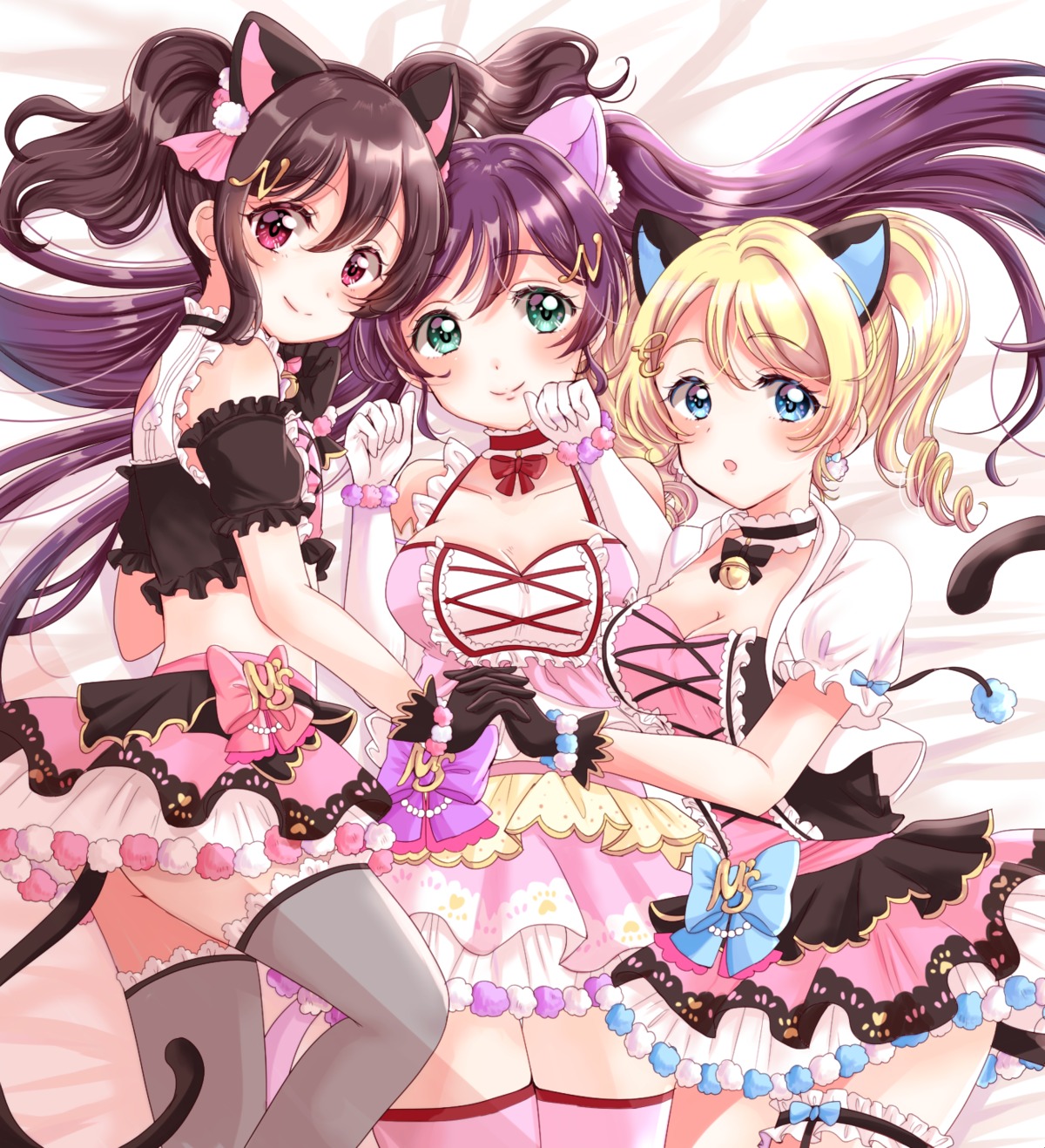 animal_ears, ayase_eli, cleavage, eneco, garter, lolita_fashion, love_live!, love_live!_(series), nekomimi, tail, thighhighs, toujou_nozomi, yazawa_nico