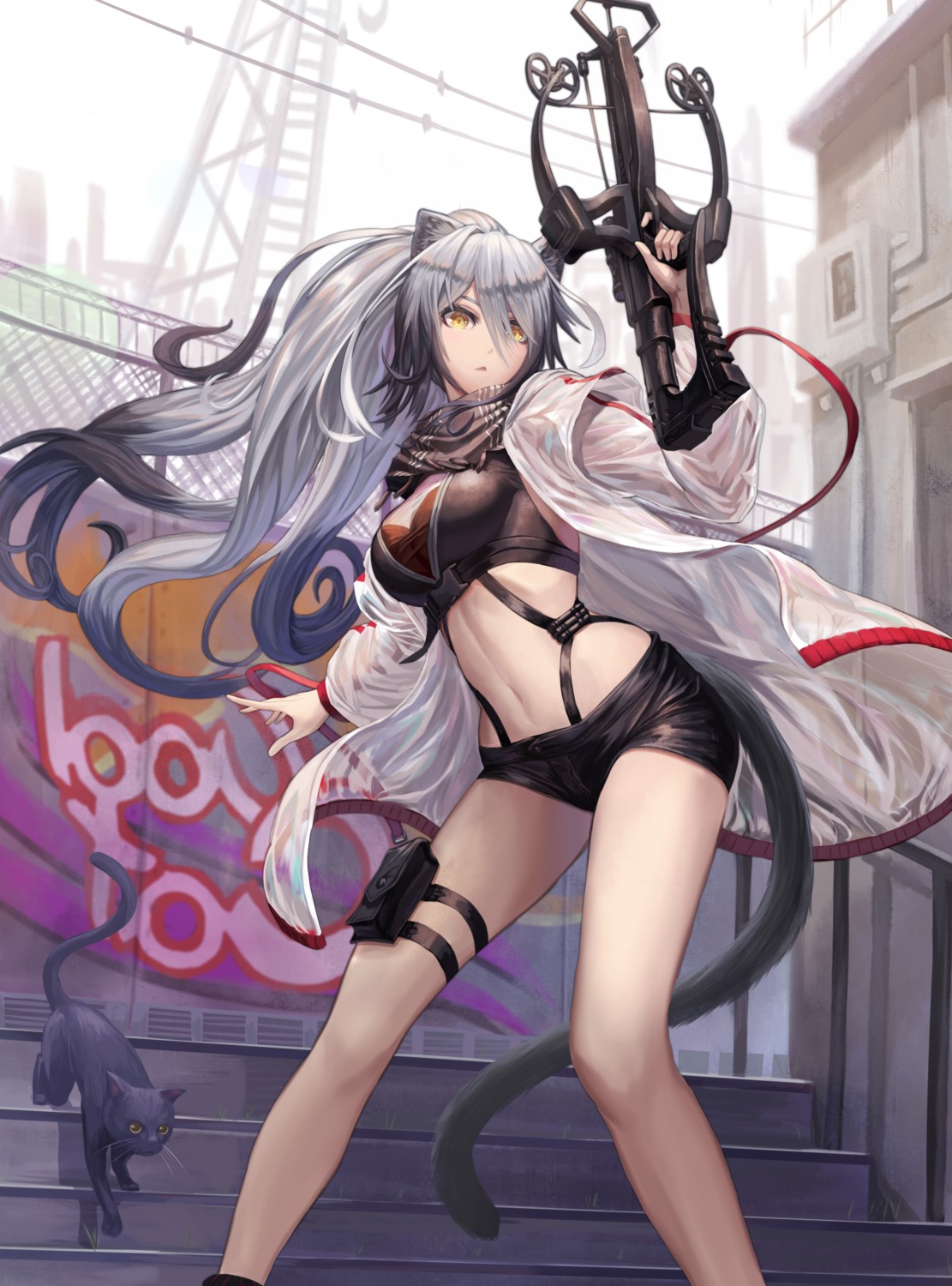 animal_ears, arknights, cleavage, garter, neko, saikoro_(et1312), schwarz_(arknights), see_through, tail, weapon
