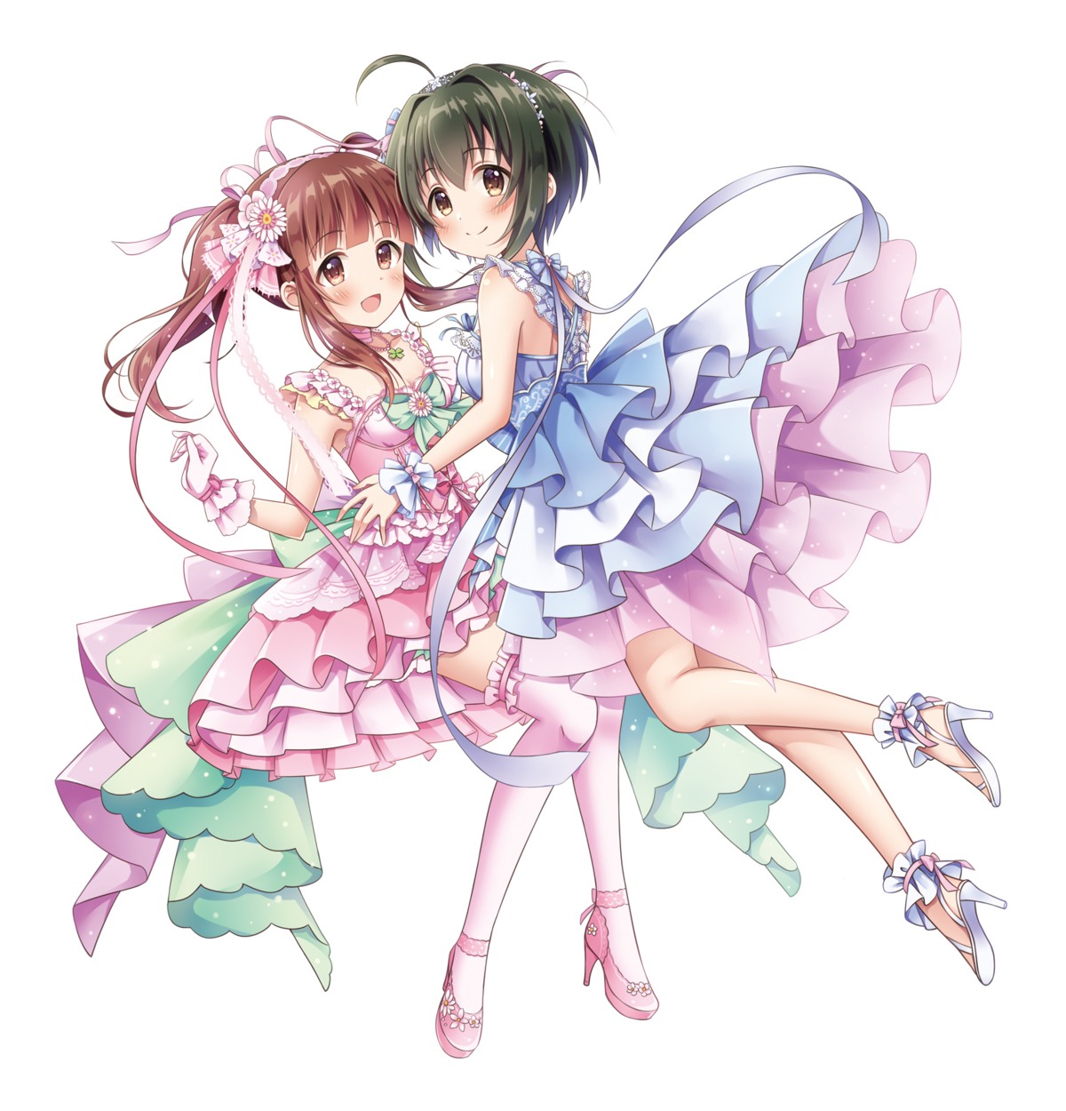 dress, heels, hibiki_tooru, kohinata_miho, ogata_chieri, skirt_lift, the_idolm@ster, the_idolm@ster_cinderella_girls