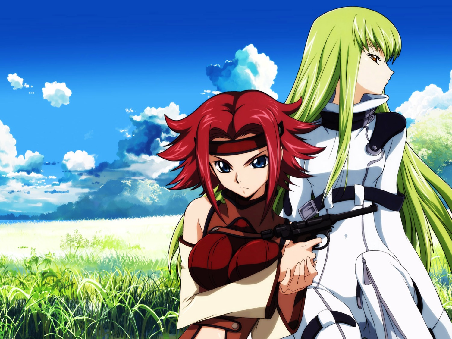 bodysuit, breast_hold, c.c., code_geass, gun, kallen_stadtfeld, shingou_yasushi, wallpaper