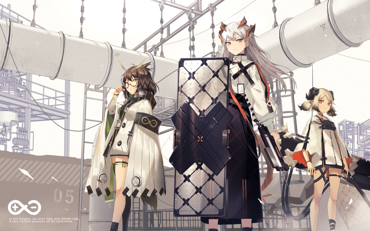 animal_ears, arknights, garter, gun, horns, icomochi, ifrit_(arknights), megane