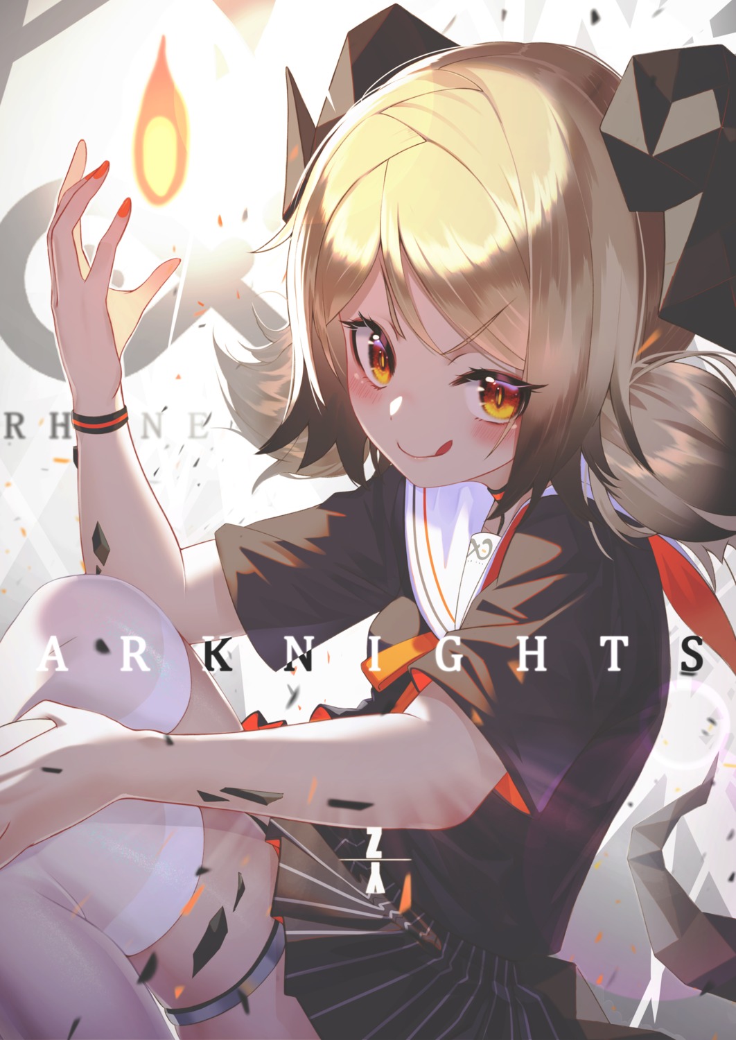 arknights, garter, horns, ifrit_(arknights), nonaginta_novem, seifuku, skirt_lift, tail