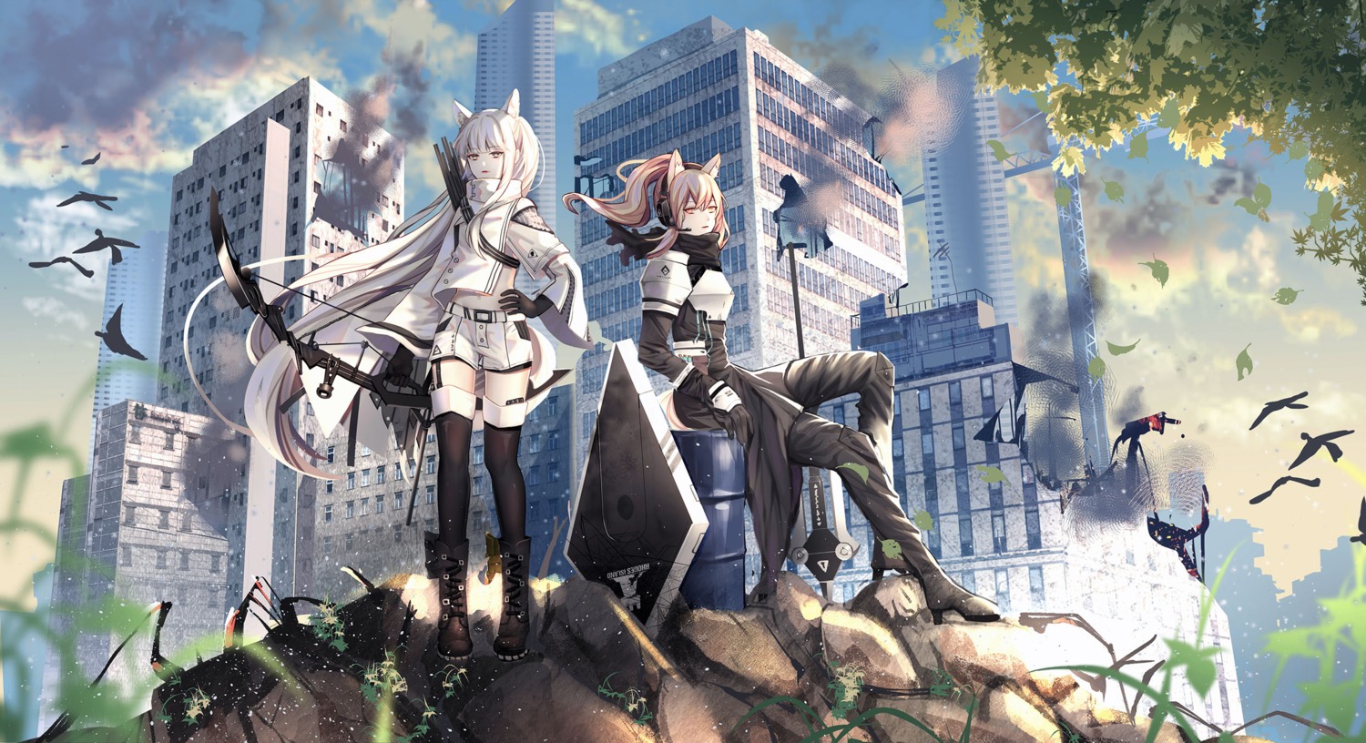 animal_ears, arknights, headphones, nearl_(arknights), raindrop.tw, tail, thighhighs, weapon