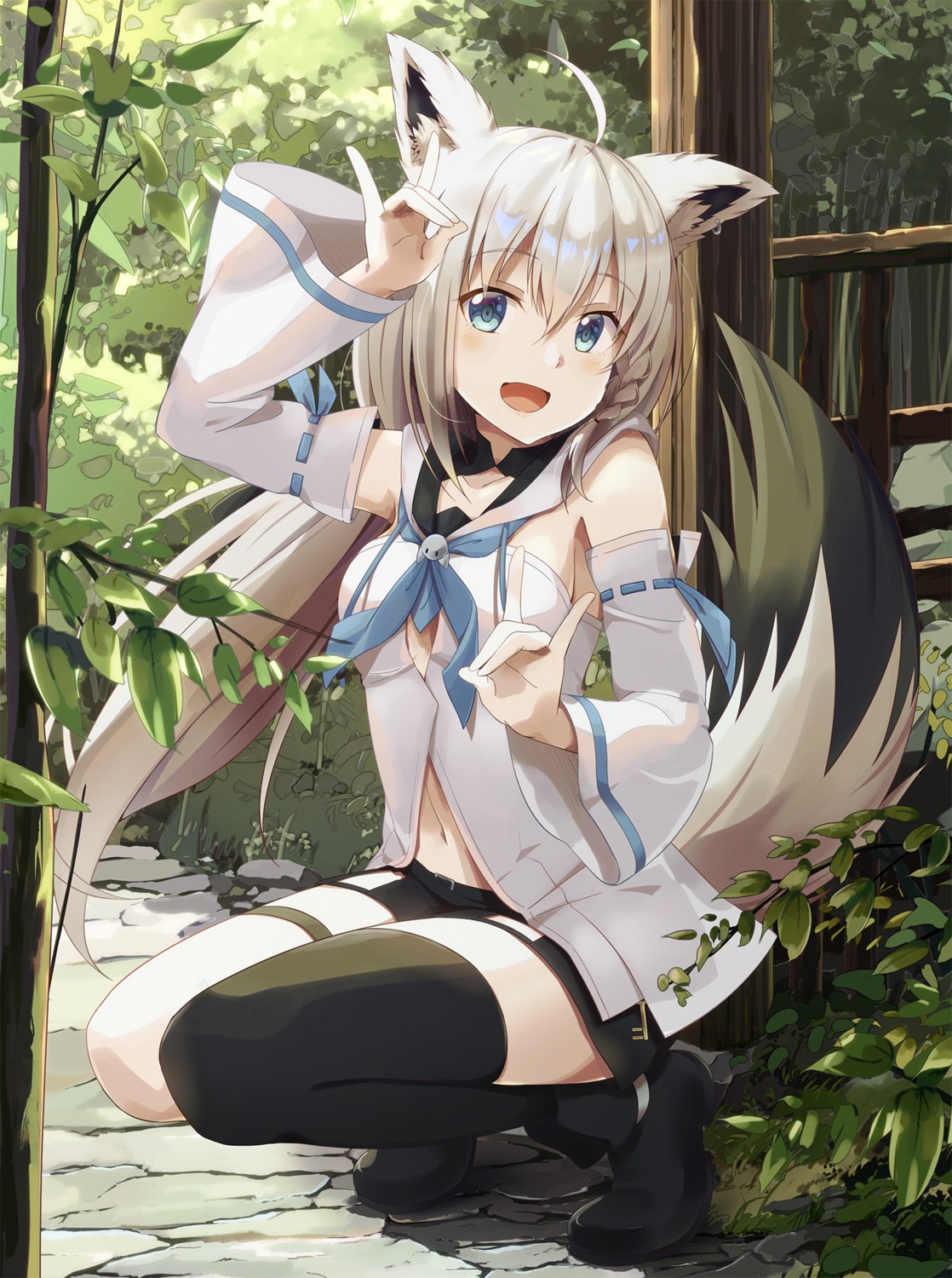animal_ears, garter, hololive, hololive_gamers, kitsune, mawaru33, shirakami_fubuki, tail, thighhighs