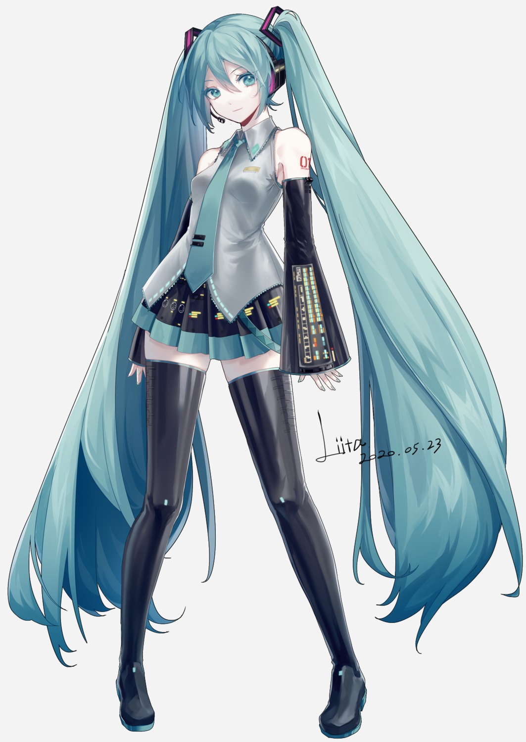 hatsune_miku, headphones, liita_(dusk_snow), tattoo, thighhighs, vocaloid