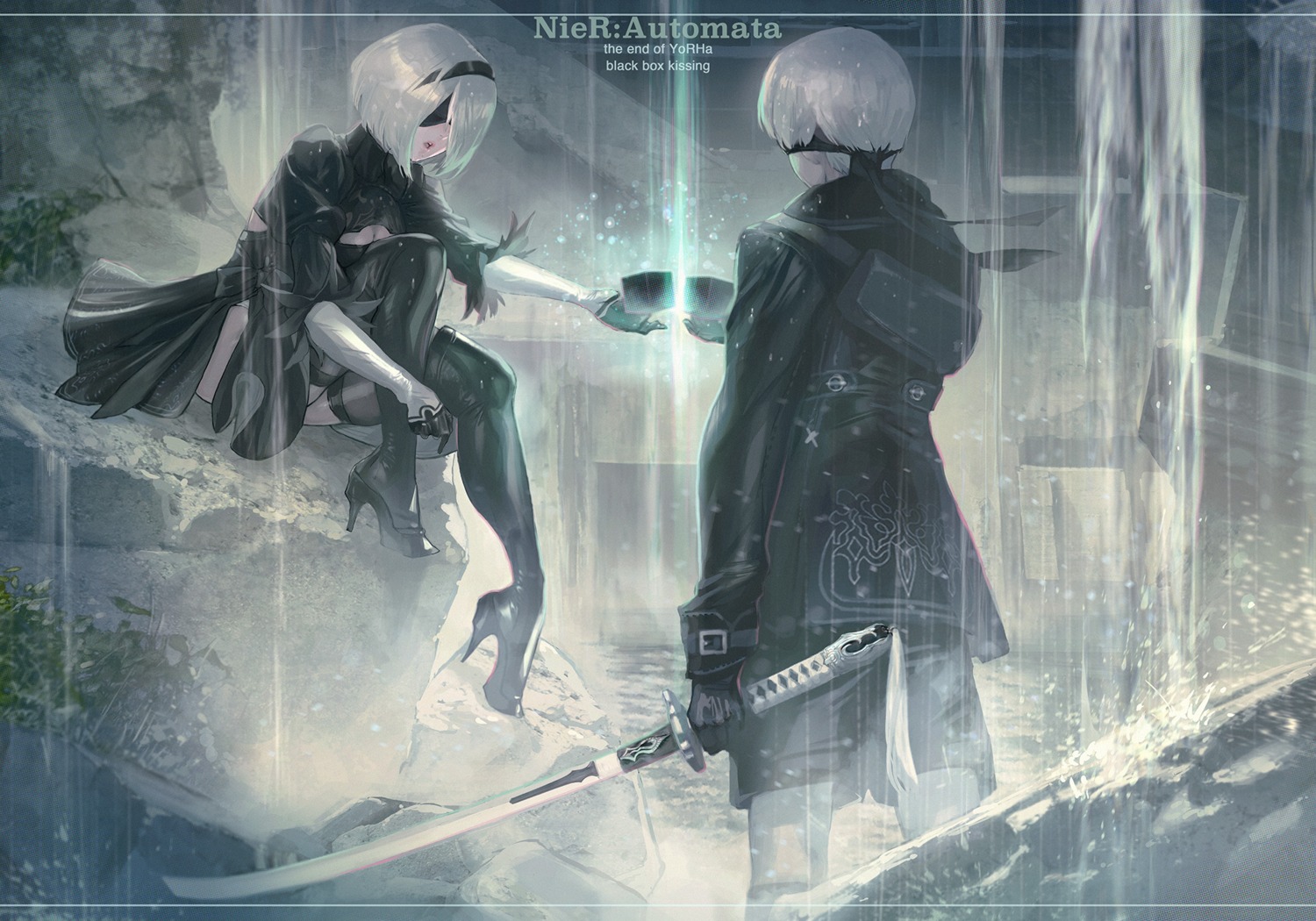 cleavage, dress, heels, maeshima_shigeki, nier, nier_automata, skirt_lift, sword