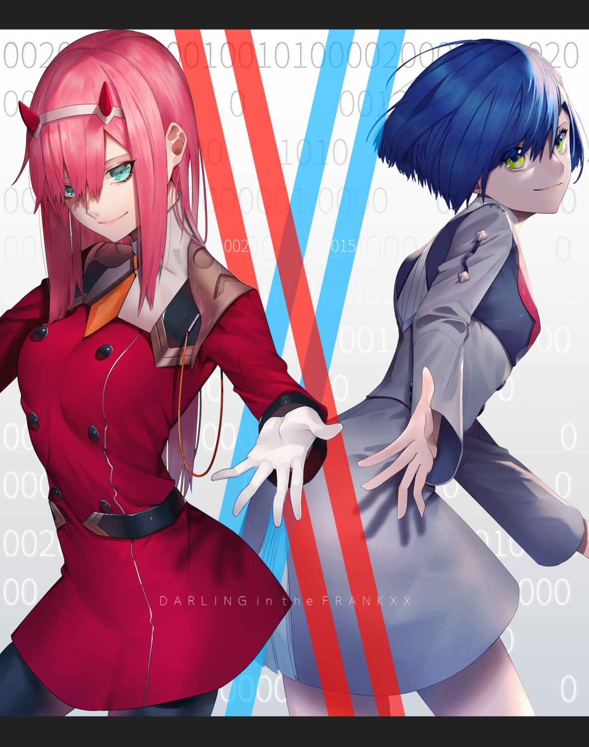 darling_in_the_franxx, horns, ichigo_(darling_in_the_franxx), pantyhose, simanerikotton, uniform, zero_two_(darling_in_the_franxx)