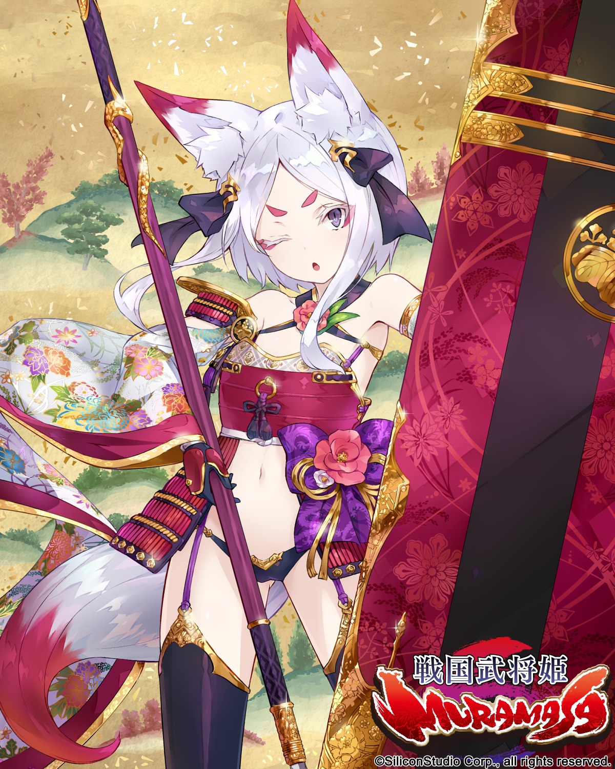 animal_ears, bikini_armor, japanese_clothes, kitsune, ramuya_(lamb), sengoku_bushouki_muramasa, stockings, tail