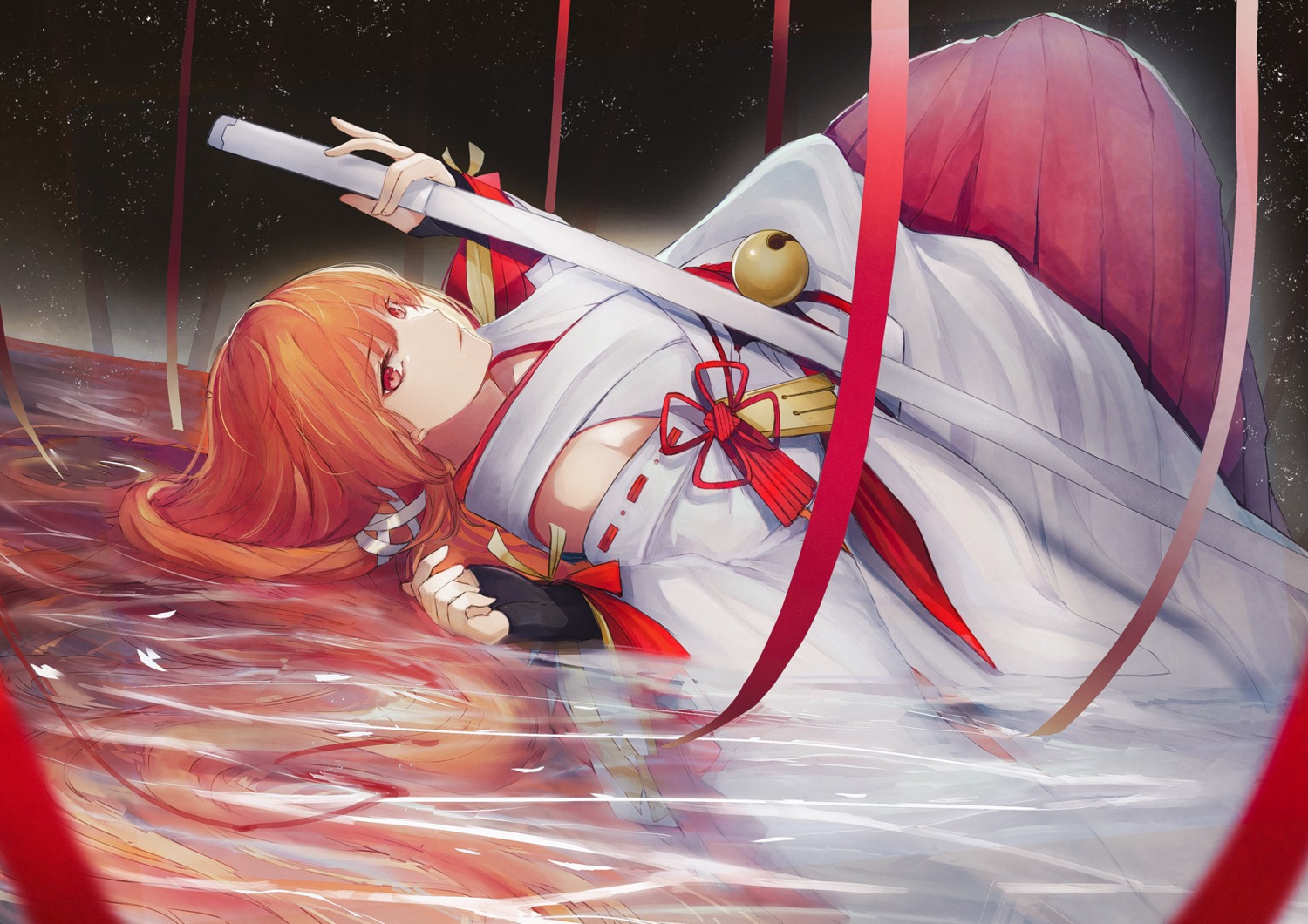 code:_dragon_blood, marumoru, miko, sword, wet