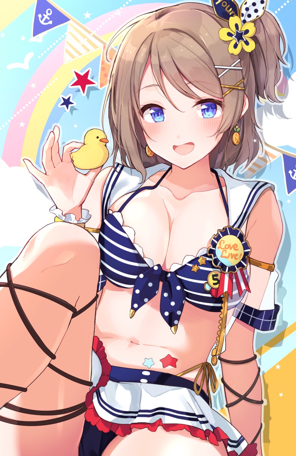 bikini, cleavage, goroo_(eneosu), love_live!_(series), love_live!_sunshine!!, skirt_lift, swimsuits, watanabe_mayu