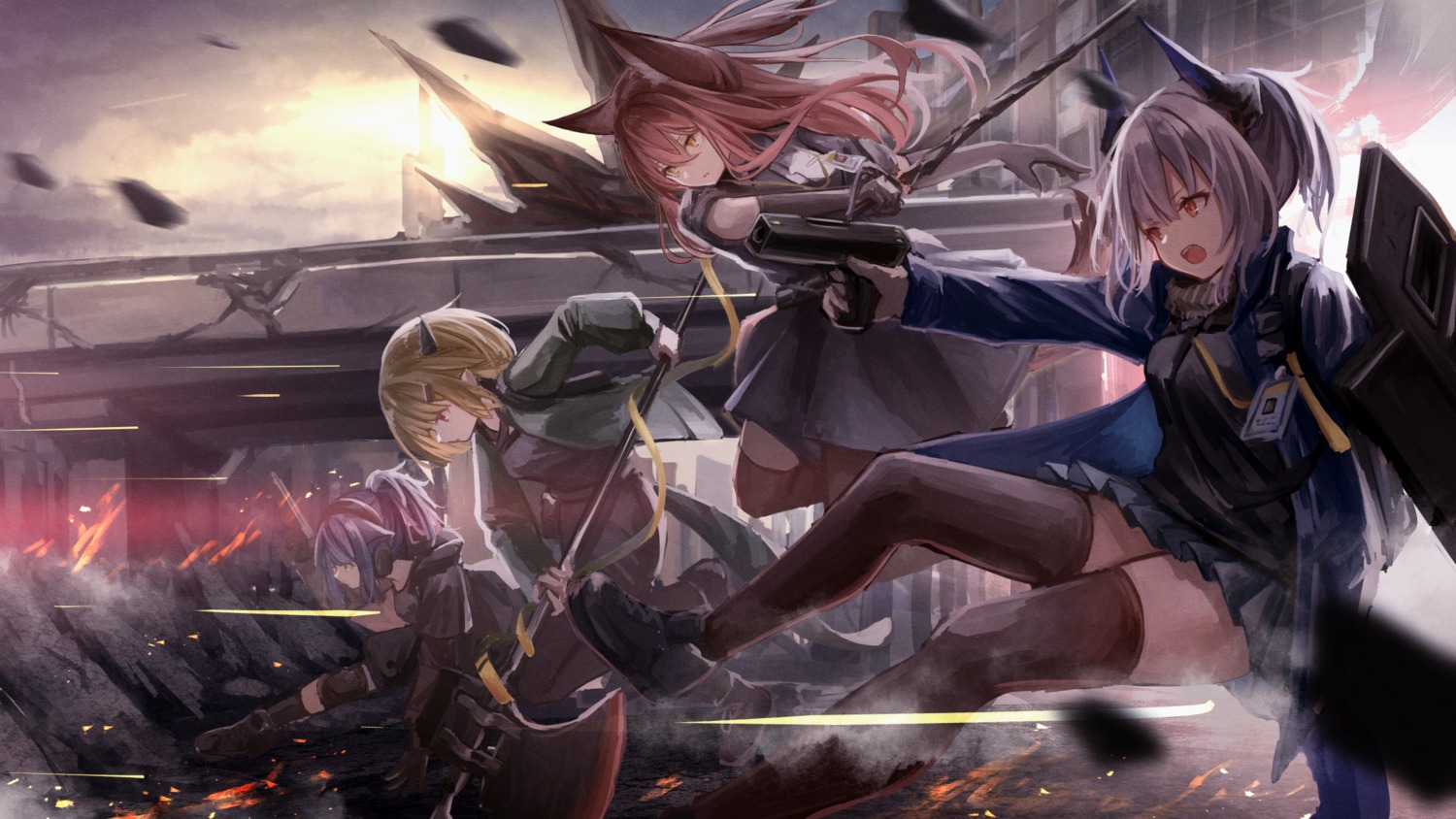 animal_ears, arknights, franka_(arknights), gun, horns, jessica_(arknights), knoy3356, liskarm_(arknights)