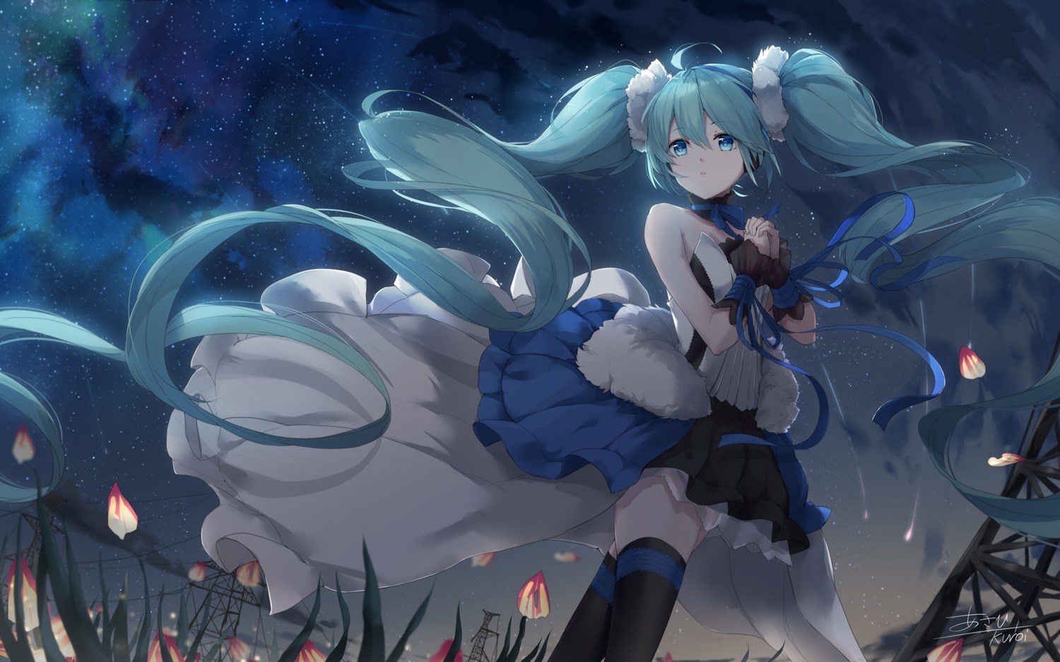 7th_dragon, asahi_kuroi, dress, hatsune_miku, headphones, skirt_lift, thighhighs, vocaloid