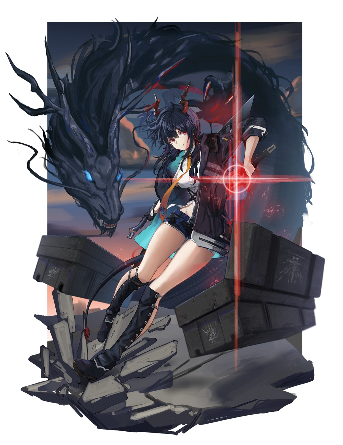 arknights, ch'en_(arknights), horns, kasasasagi, monster, sword, tail