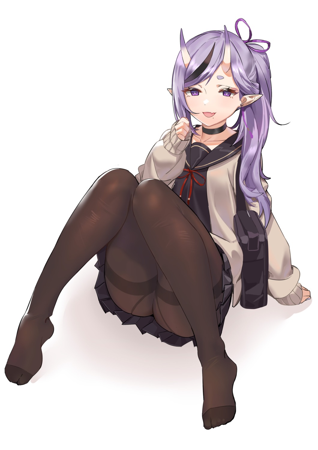 feet, horns, kyo_(krokikyon), nijisanji, pantyhose, pointy_ears, seifuku, skirt_lift, sweater