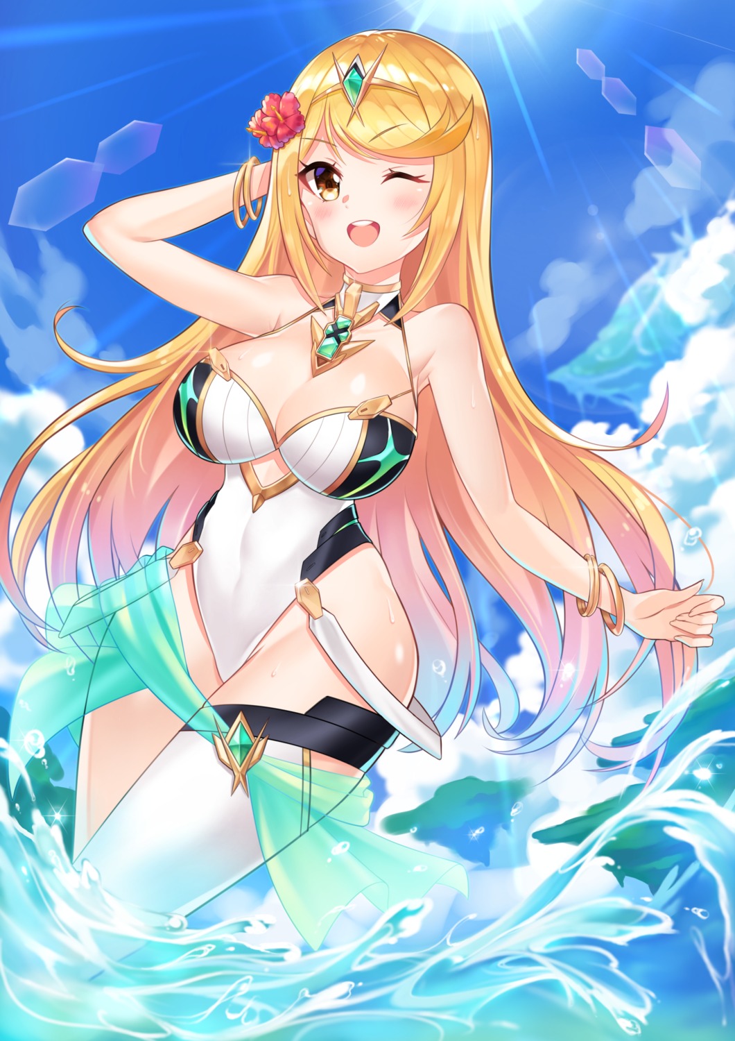 cawang, hikari_(xenoblade_2), swimsuits, thighhighs, wet, xenoblade_(series), xenoblade_2