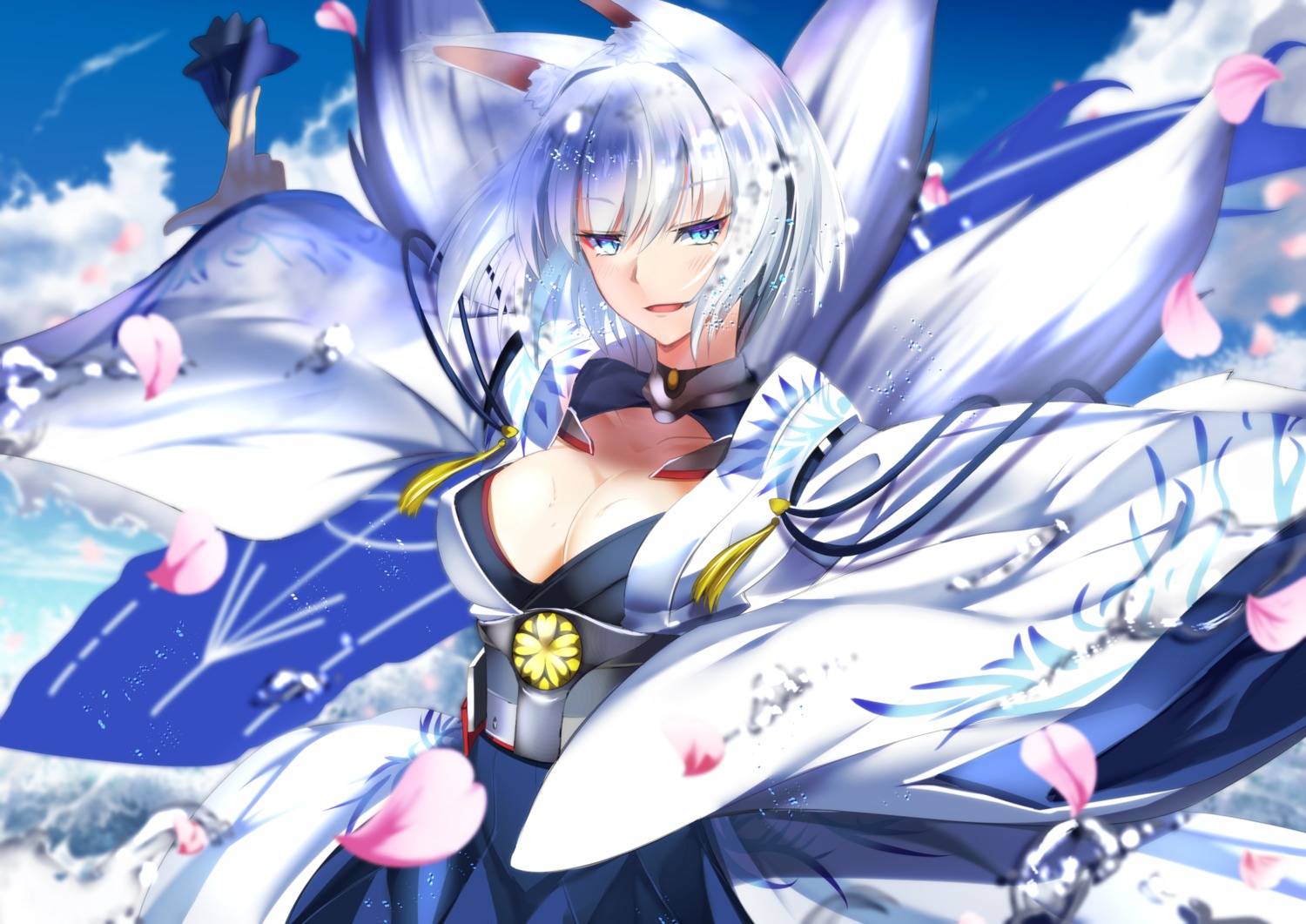 animal_ears, azur_lane, cleavage, ishida_katsuzane, japanese_clothes, kaga_(azur_lane), kitsune, no_bra, open_shirt, tail