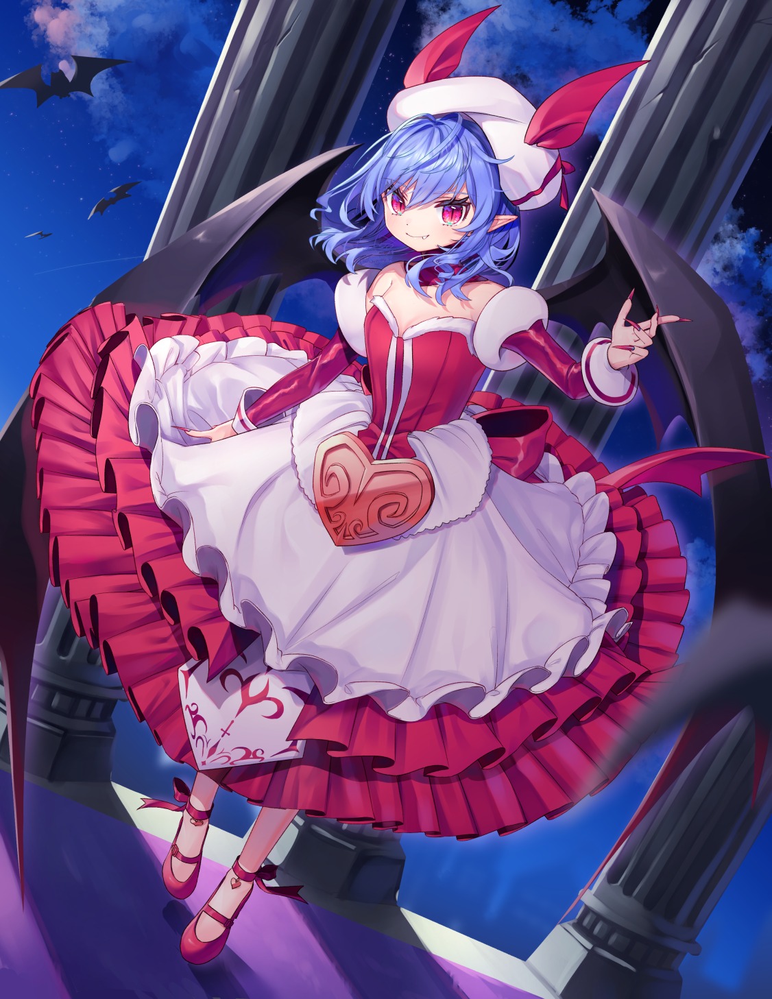 cleavage, gunjou_row, pointy_ears, remilia_scarlet, skirt_lift, touhou, wings