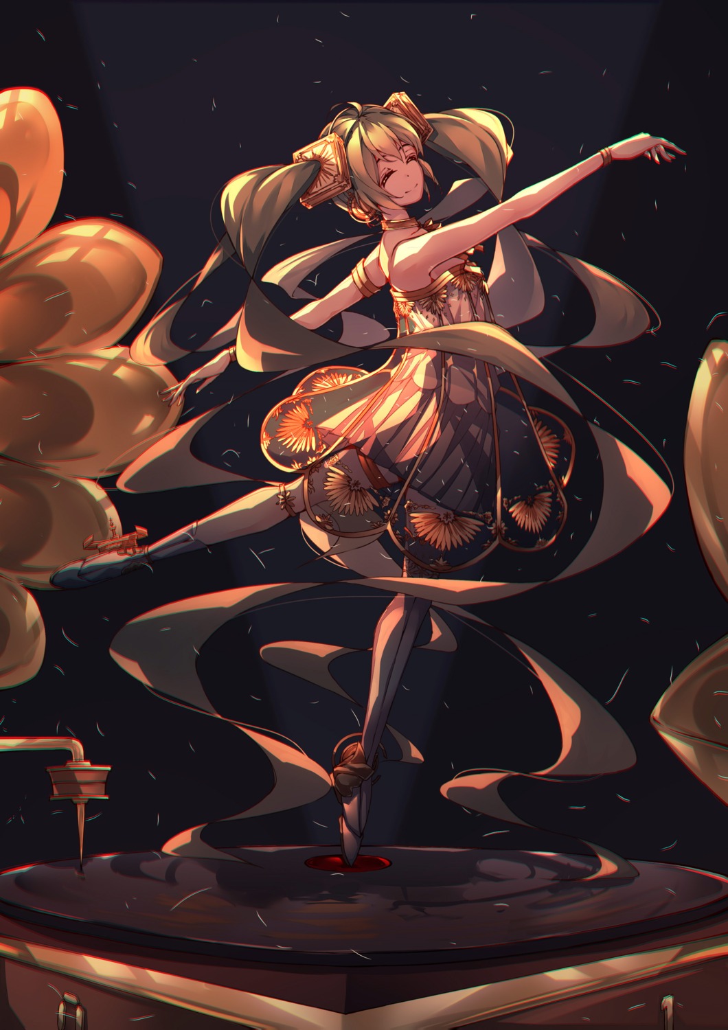 dress, garter, gramophone_miku, hatsune_miku, hatsune_miku_symphony, qi_zhong_ji, vocaloid