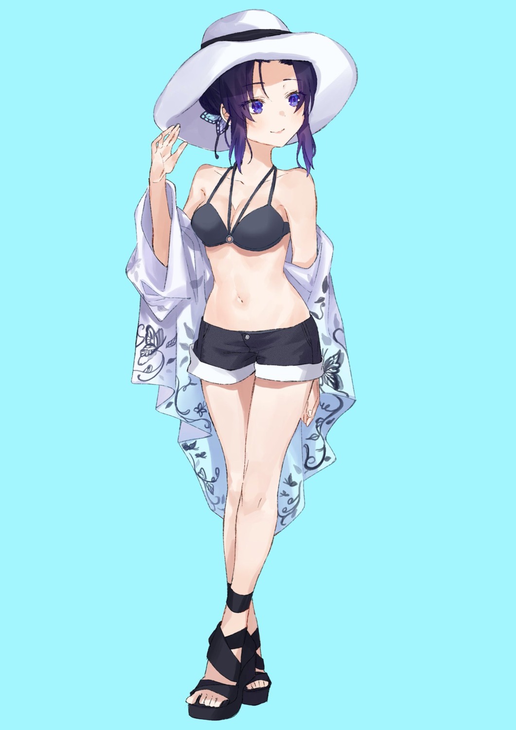 bikini_top, kimetsu_no_yaiba, kochou_shinobu, onene_(ban), open_shirt, swimsuits