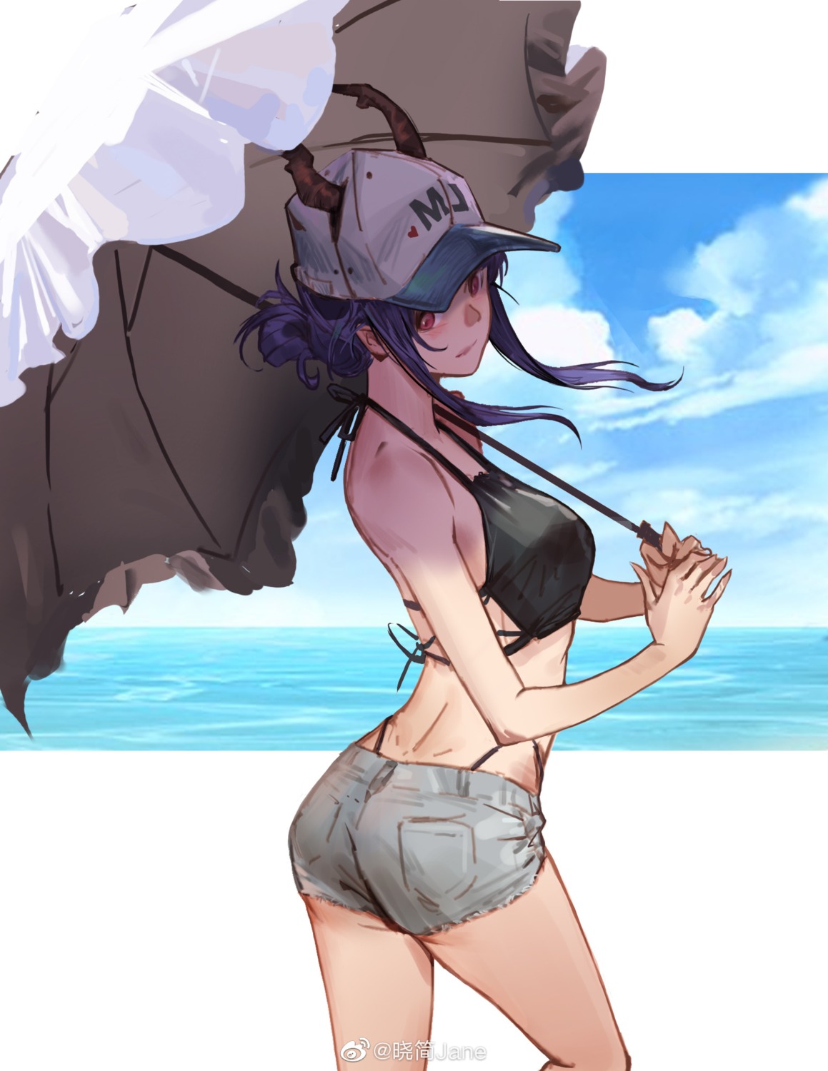 arknights, ass, bikini, ch'en_(arknights), horns, jane_xiao, swimsuits, umbrella
