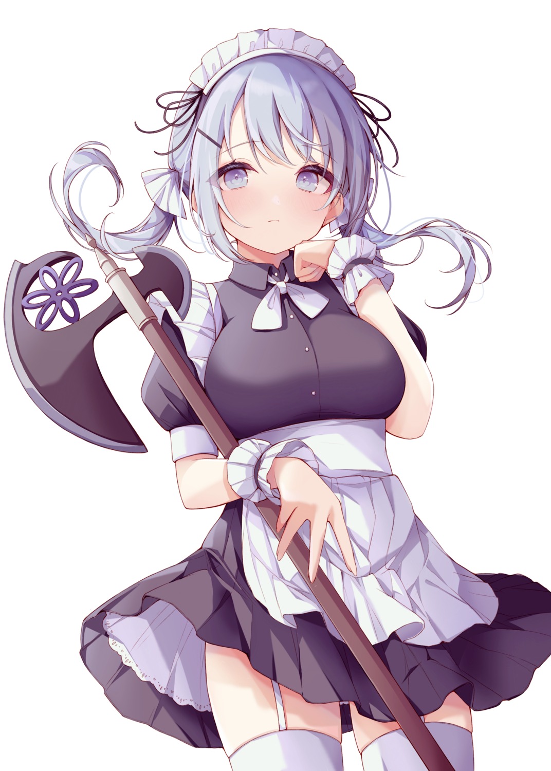 fusuma_(ramunezake), kasane_ao, magia_record:_mahou_shoujo_madoka_magica_gaiden, mahou_shoujo_madoka_magica, maid, skirt_lift, stockings, thighhighs, weapon