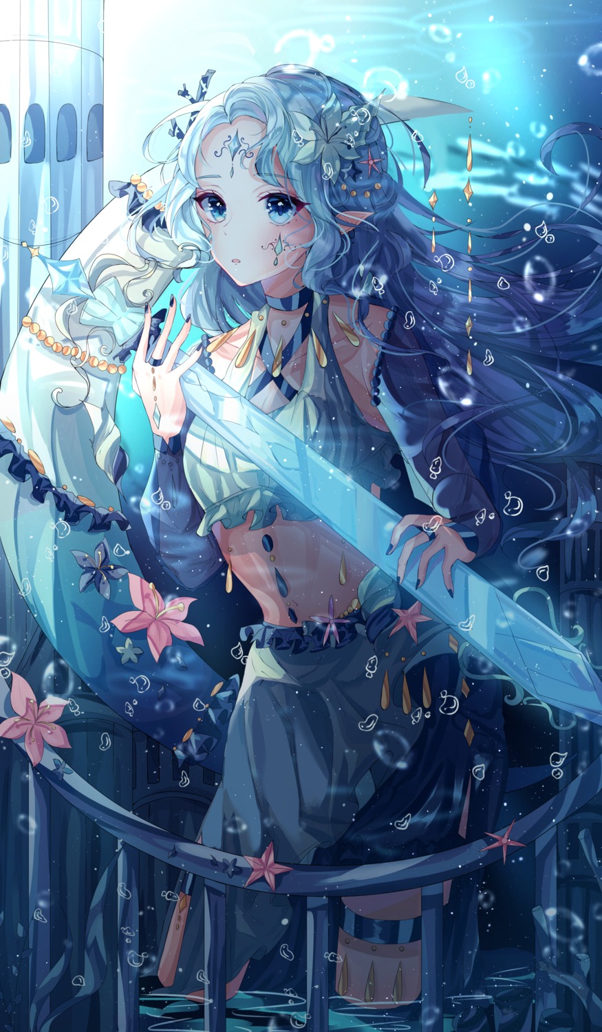 bikini_top, cleavage, cookie_run, garter, pointy_ears, sea_fairy_cookie, swimsuits, sword, wet, wine_(2148_wine)