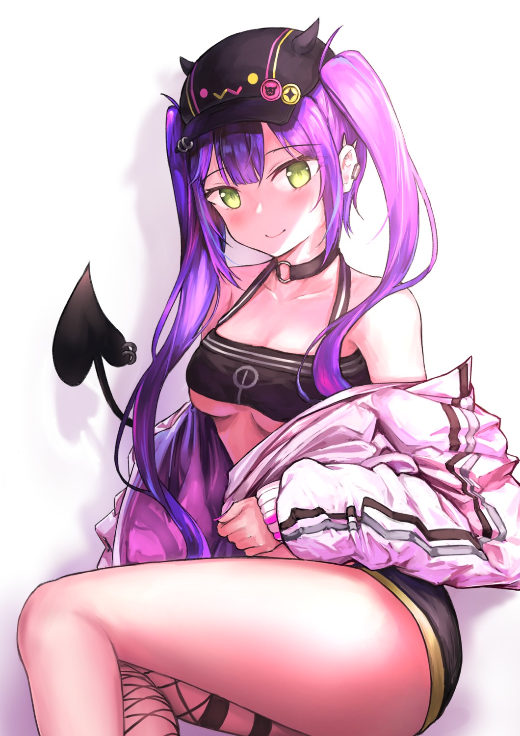 bra, cleavage, fishnets, garter, hololive, namake, open_shirt, tail, thighhighs, tokoyami_towa, underboob