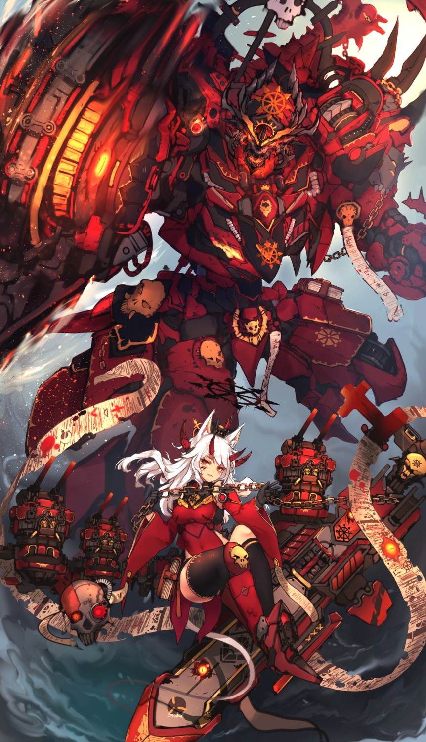 animal_ears, horns, mecha, mecha_musume, syaha, thighhighs