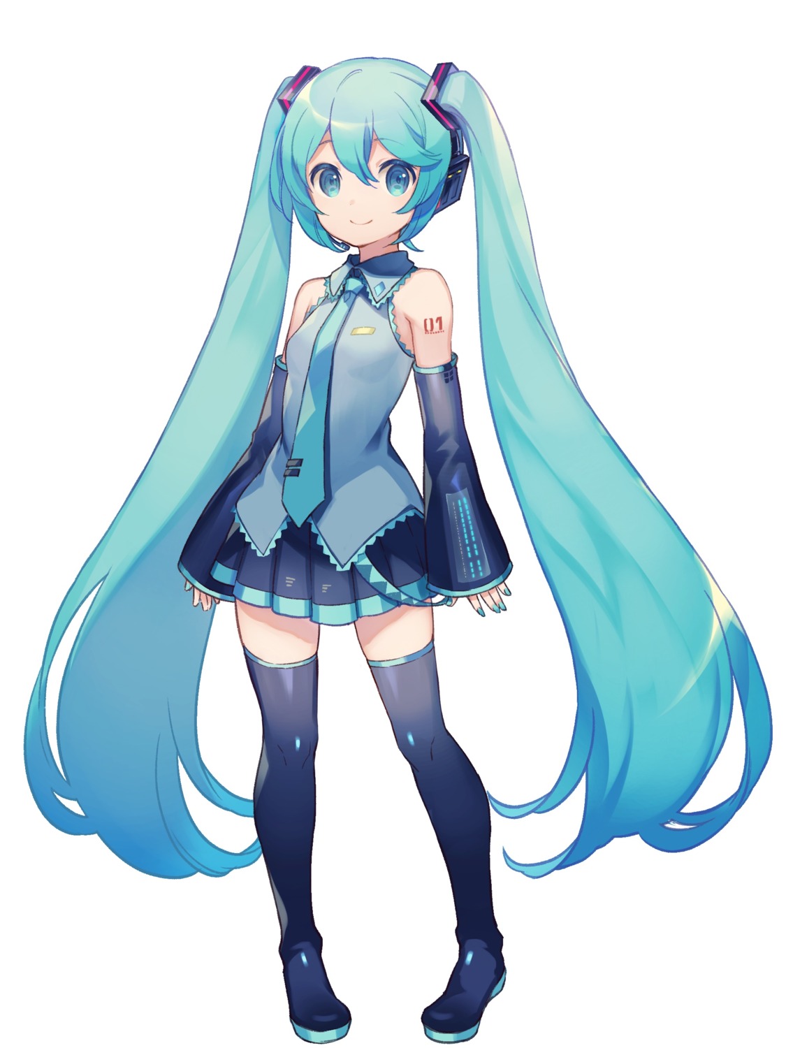 choke_(amamarin), hatsune_miku, headphones, tattoo, thighhighs, vocaloid