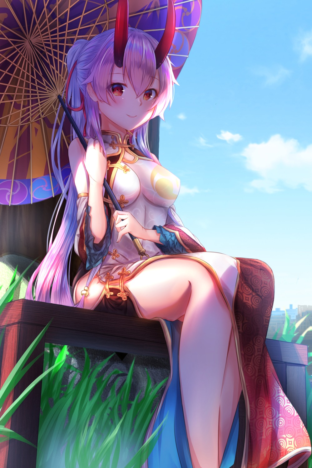 artist_revision, chinadress, fate/grand_order, horns, purple_(jobseeking), tomoe_gozen_(fate), umbrella