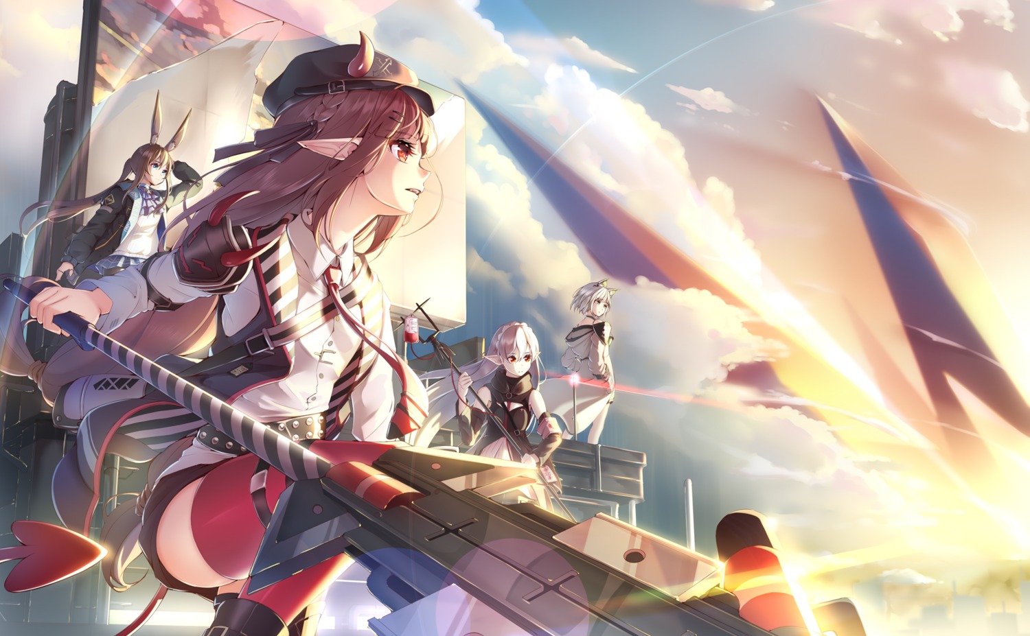 amiya_(arknights), animal_ears, arknights, bunny_ears, garter, horns, imo_bouya, kal'tsit_(arknights)