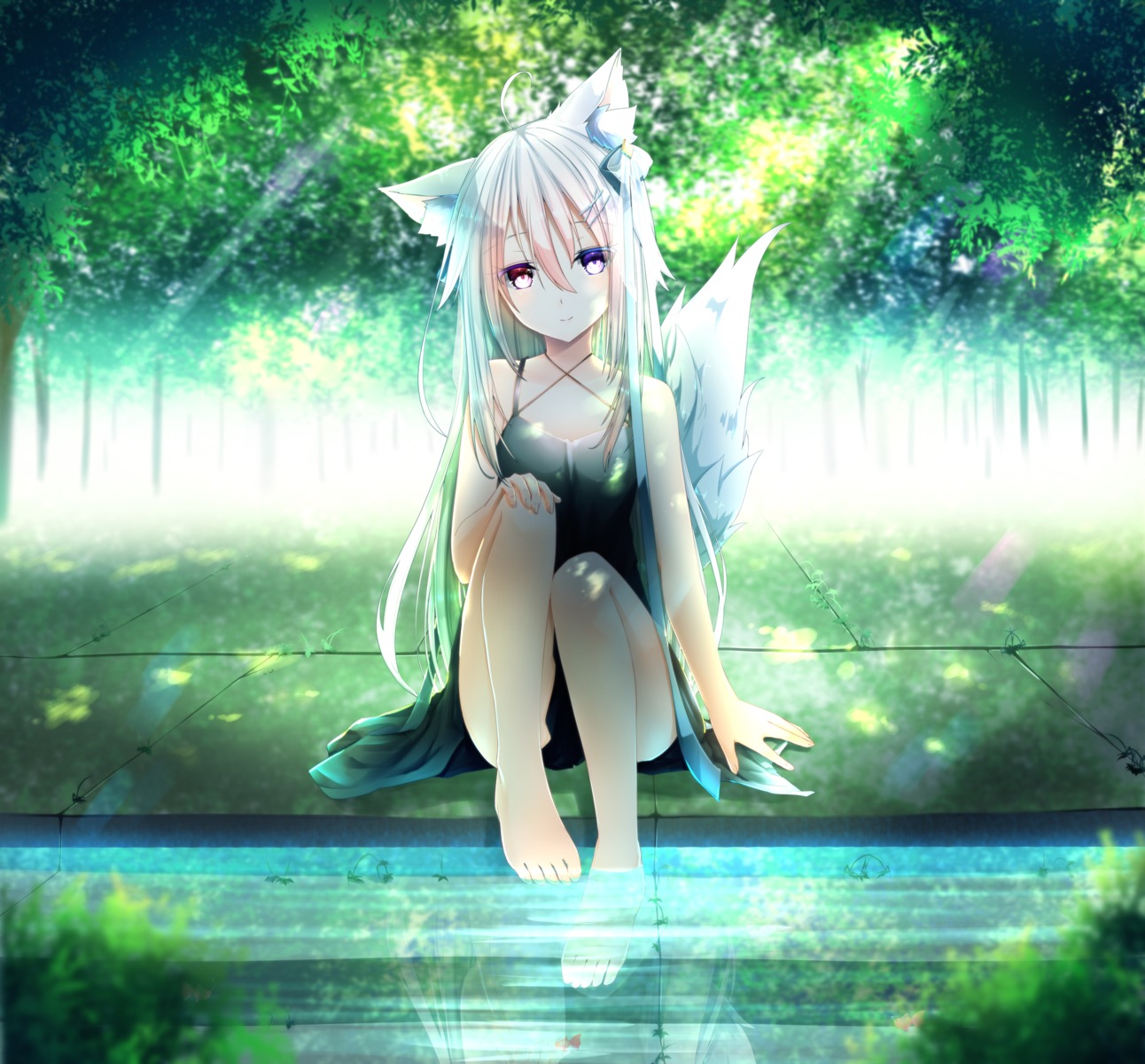 animal_ears, dress, feet, heterochromia, jun_(sky_ia_127_snow), skirt_lift, tail, wet