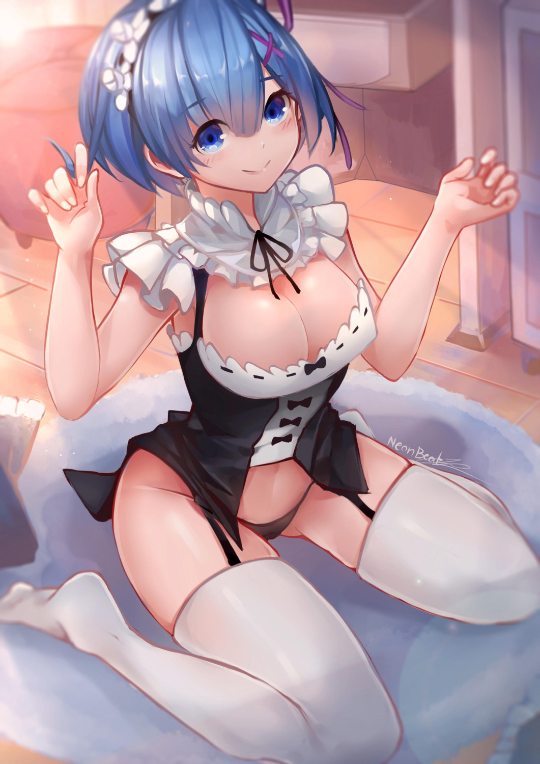 maid, neonbeat, no_bra, pantsu, re:zero_kara_hajimeru_isekai_seikatsu, rem_(re_zero), stockings, thighhighs