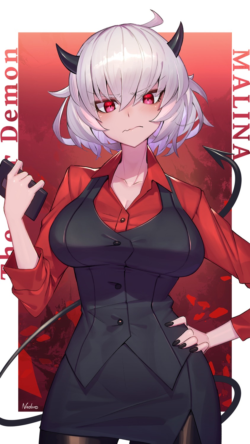 dress_shirt, helltaker, horns, malina_(helltaker), nadare_(umivisteraki), pantyhose, tail