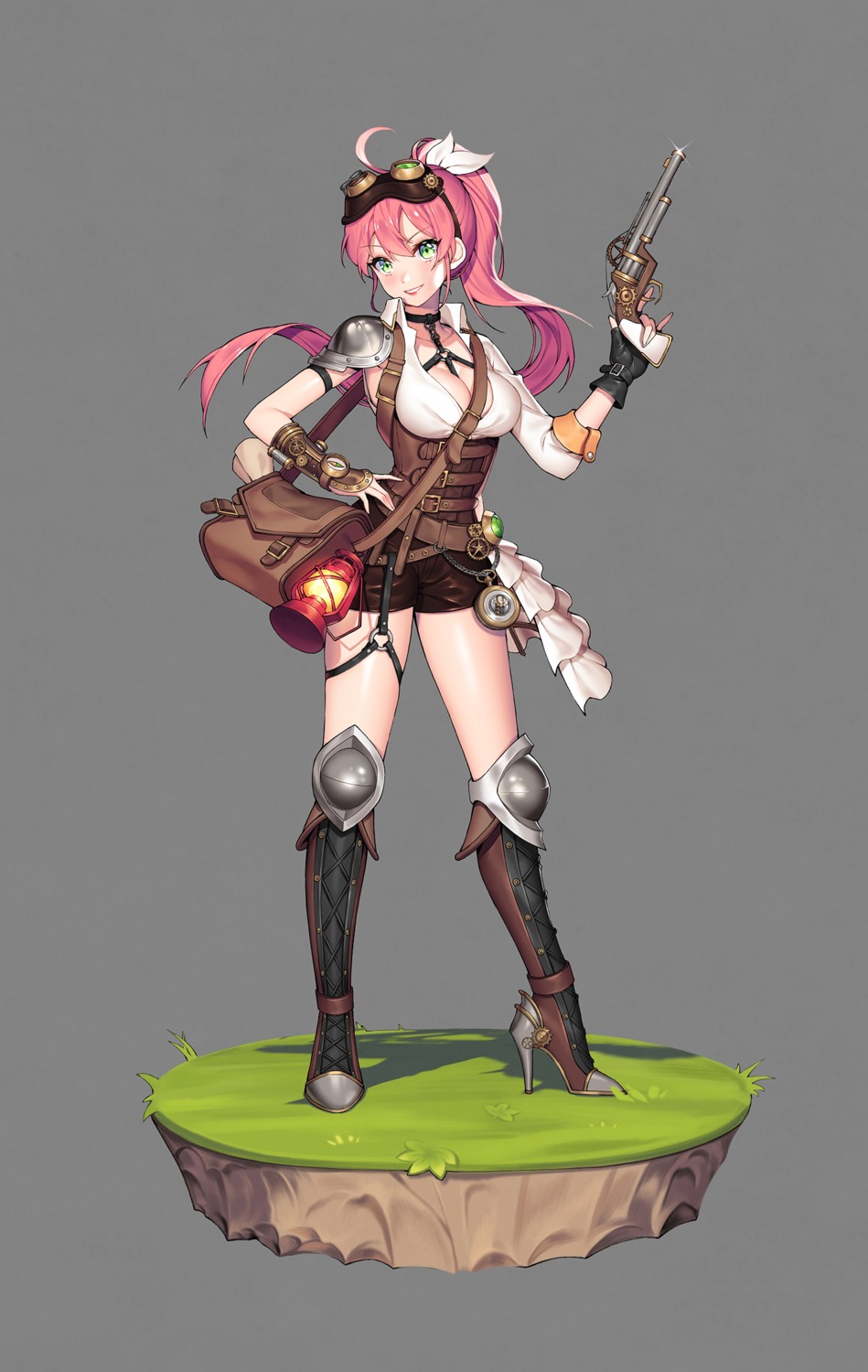 armor, cleavage, garter, gun, heels, lemonpear, no_bra, open_shirt
