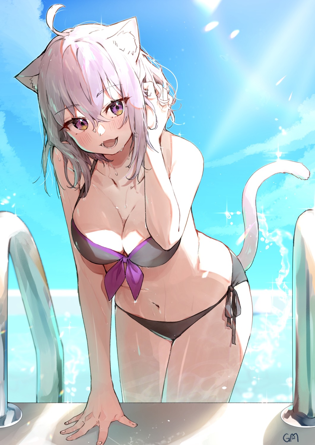 animal_ears, bikini, cleavage, hololive, hololive_gamers, idenshi_kumikae_(kabe_choron), nekomata_okayu, nekomimi, swimsuits, tail, wet