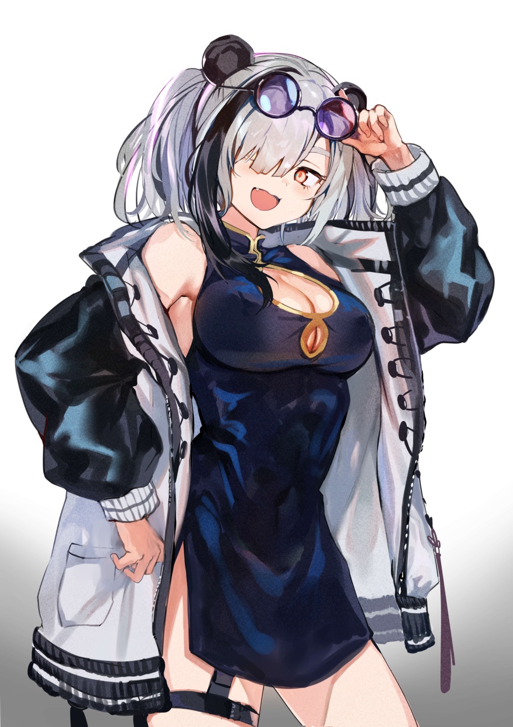 animal_ears, arknights, chinadress, cleavage, feater_(arknights), garter, konbu_wakame, megane