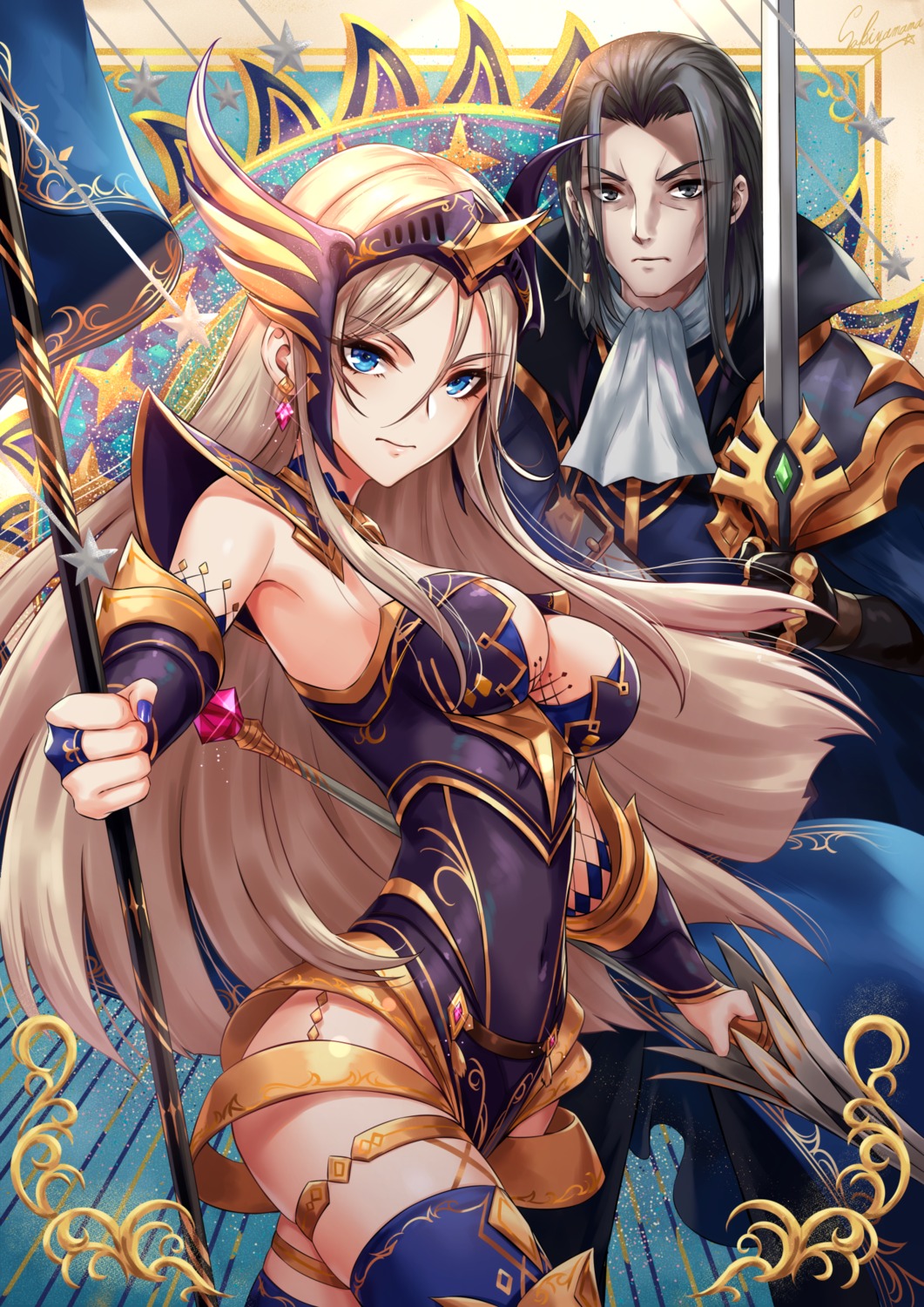afk_arena, armor, cleavage, garter, leotard, sakiyamama, sword, thighhighs