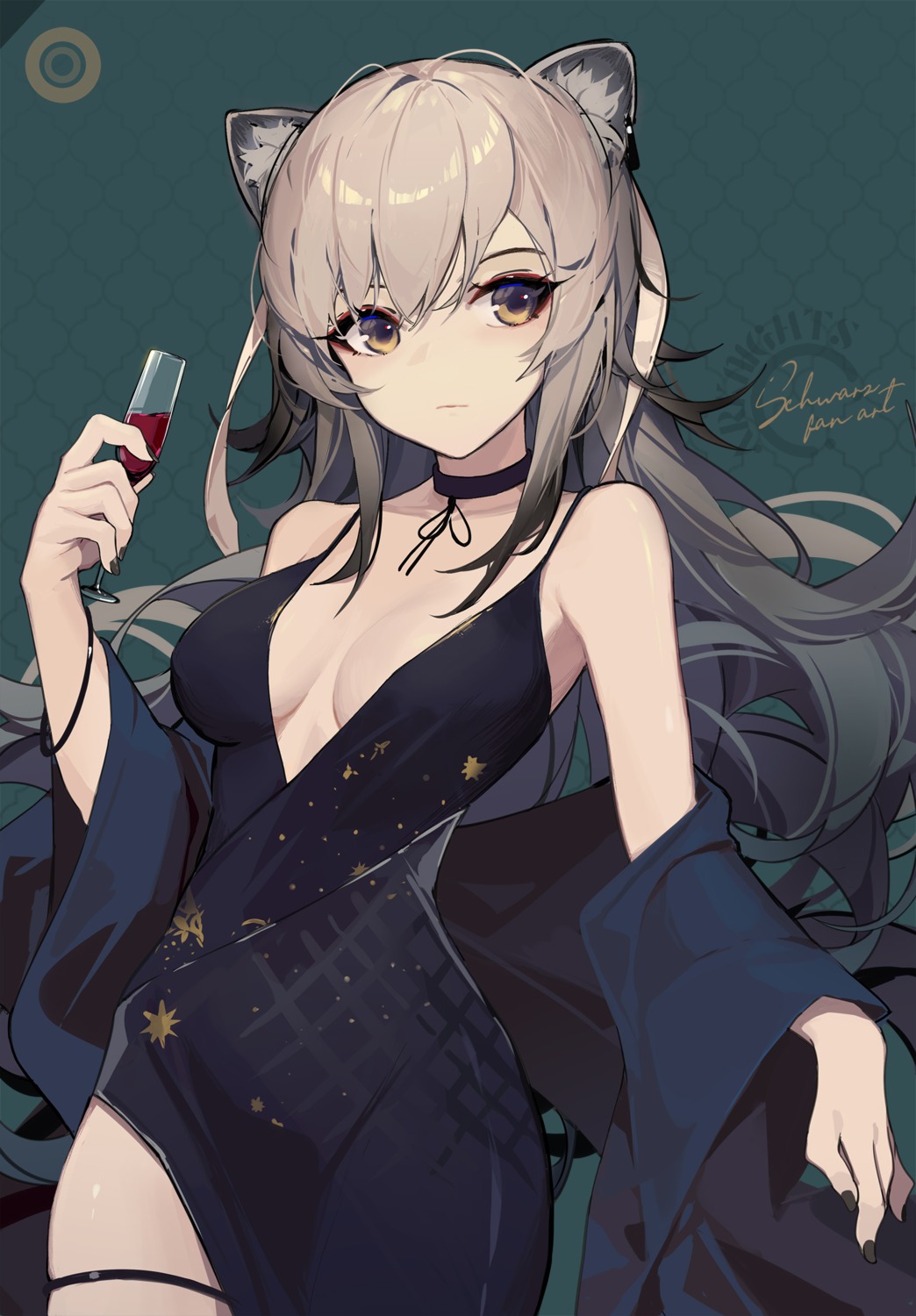 animal_ears, arknights, cleavage, dress, garter, mongarit, no_bra, schwarz_(arknights)