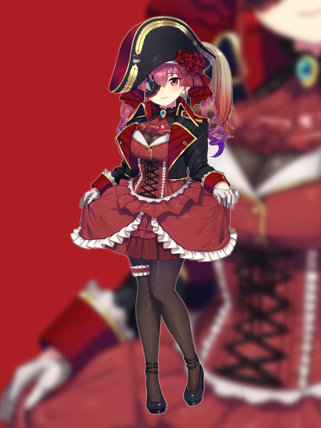 eyepatch, garter, heels, hololive, houshou_marine, oshiruko_(oshiruco_212048), pantyhose, pirate