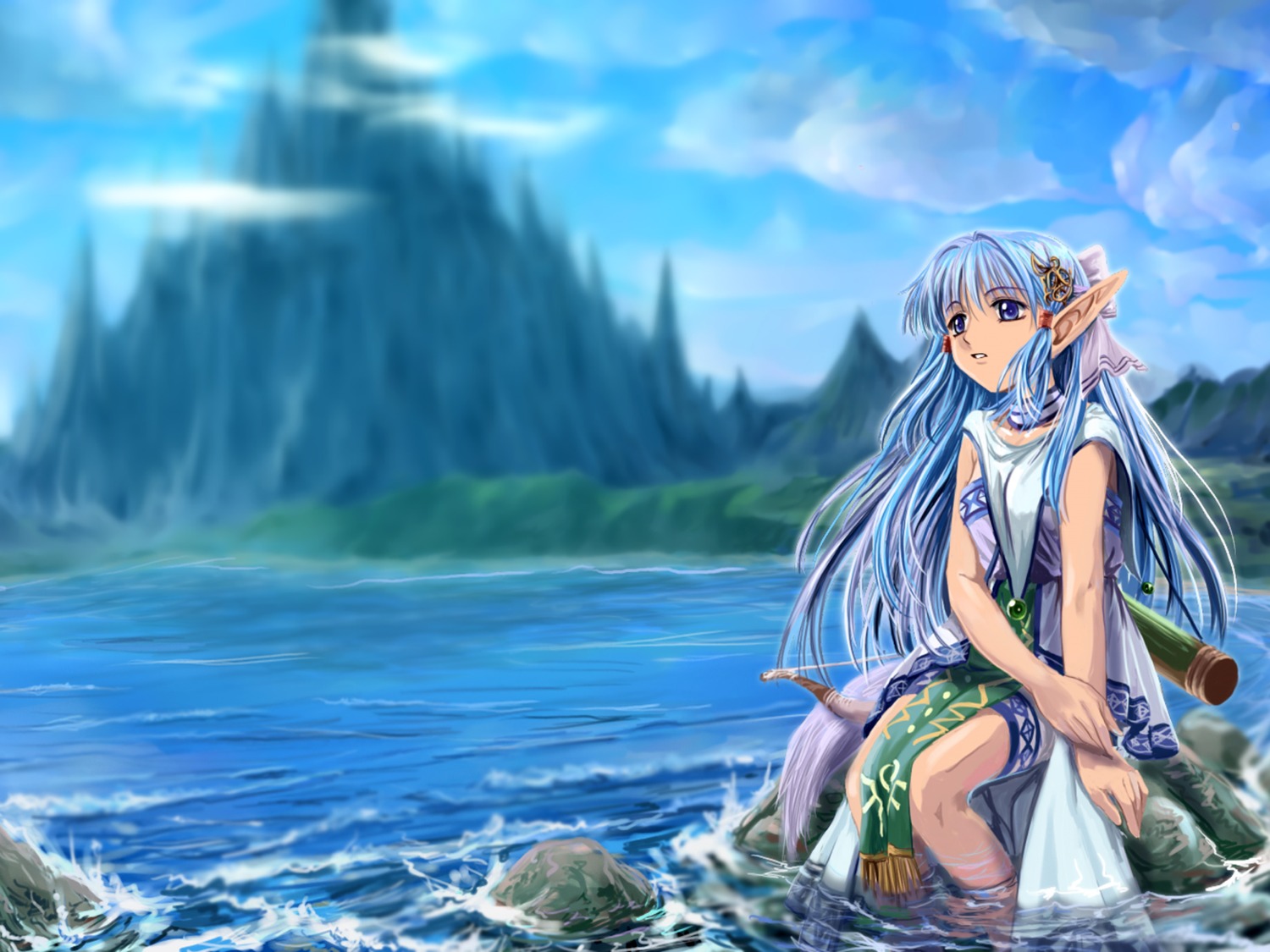 dress, elf, moonknives, olha, pointy_ears, wallpaper, wet, ys