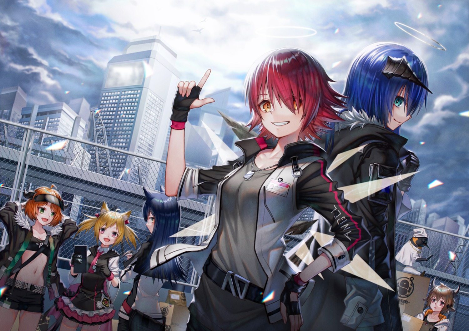 angel, animal_ears, arknights, bison_(arknights), croissant_(arknights), exusiai_(arknights), horns, mostima_(arknights)
