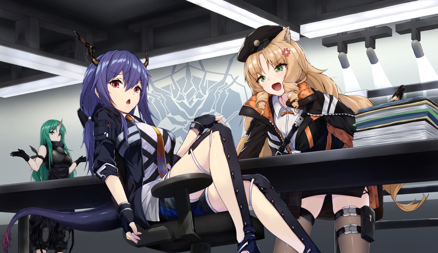 animal_ears, arknights, ch'en_(arknights), garter, horns, hoshiguma_(arknights), ponta_(velmar), swire_(arknights)