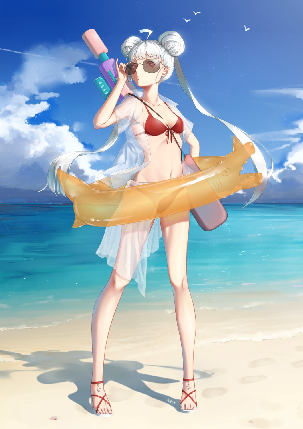 bikini, gun, jiliang_jiying_yumao, megane, open_shirt, see_through, swimsuits