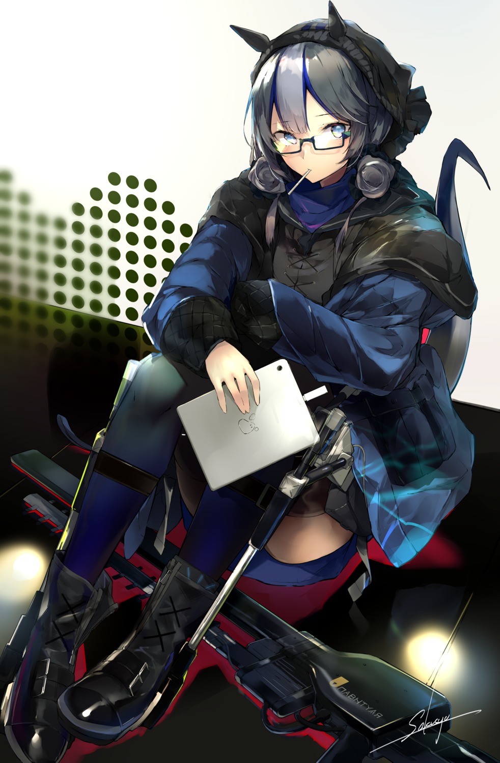 animal_ears, arknights, glaucus_(arknights), gun, megane, sakusyo, tail, thighhighs